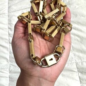 VINTAGE! Gold Chain Link Necklace Padlock Long Bar Chain